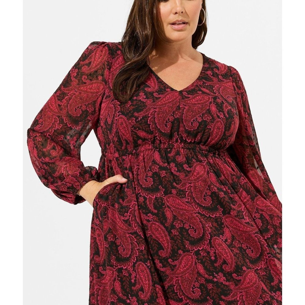 Women’s Red Paisley Midi Dress with Long Sleeves - Picture 3 of 9